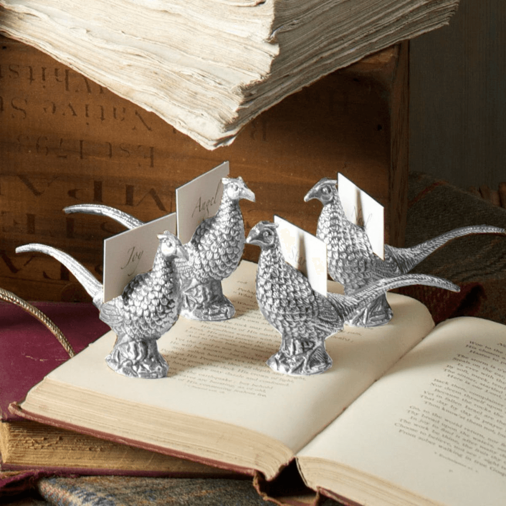 Pheasant Set of 4 place card holders, 6 x 11cm, Aluminium And Nickel Plate