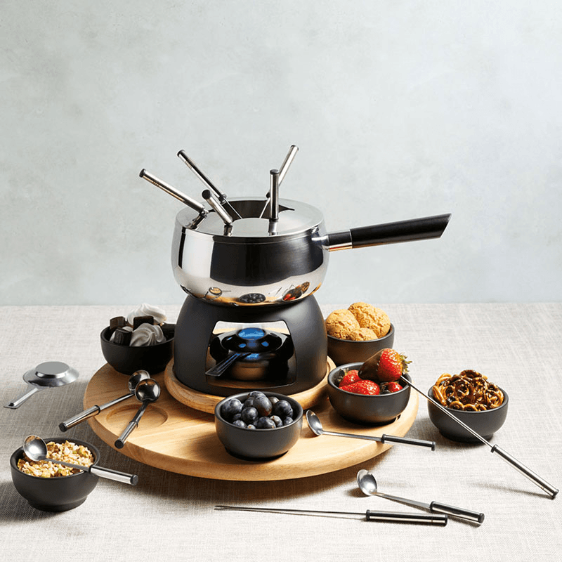 6 Person Party Fondue Set, Stainless Steel/Black Glaze