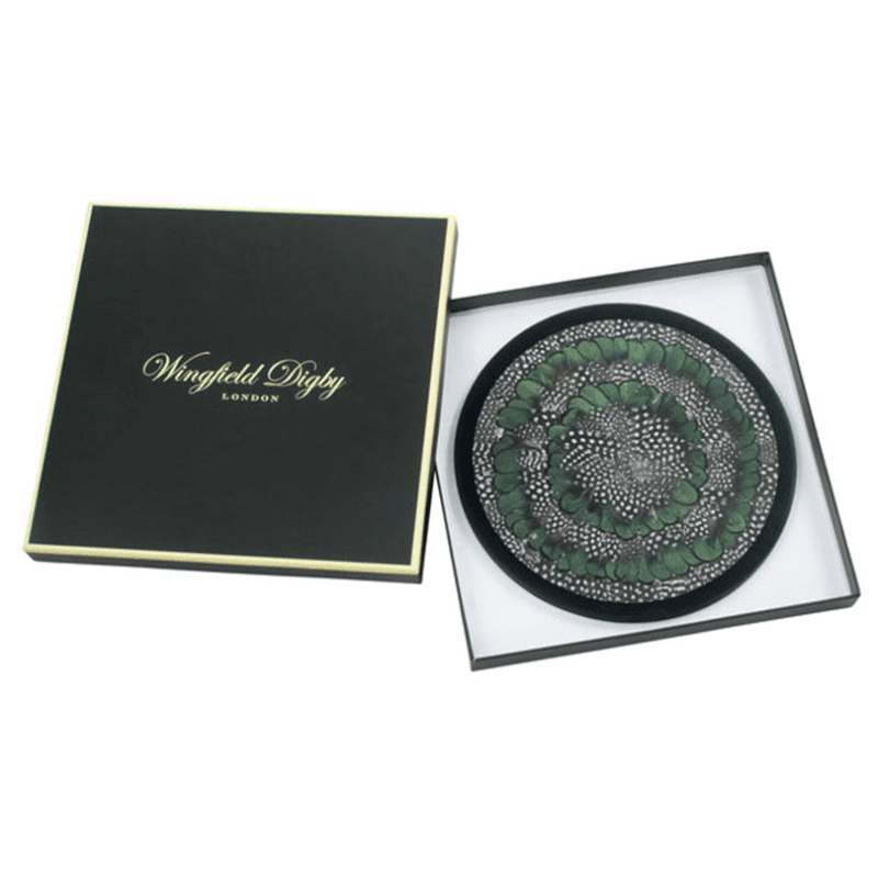 Feather and Glass Set of 2 Placemats, D28cm, Guinea Fowl and Green Pheasant