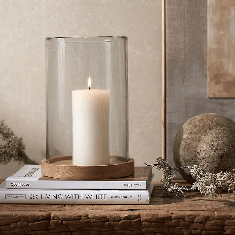 Mango Wood Hurricane Candle Holder, H28.5cm, Clear