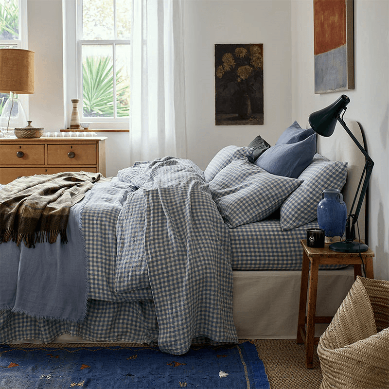 Gingham Linen Blend Duvet Cover, King, Warm Blue