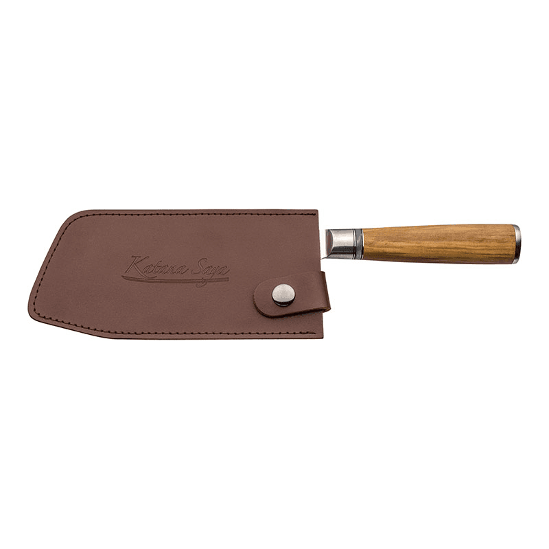 Katana Saya Olive Wood Chinese Chopper, 18cm Damascus Blade