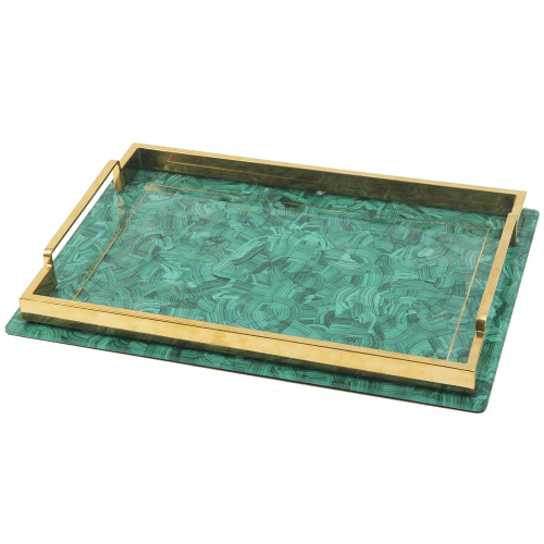 Image showing the Drinks Tray, Alexandra Malachite, Glass  & Rose Gold plated handles product.