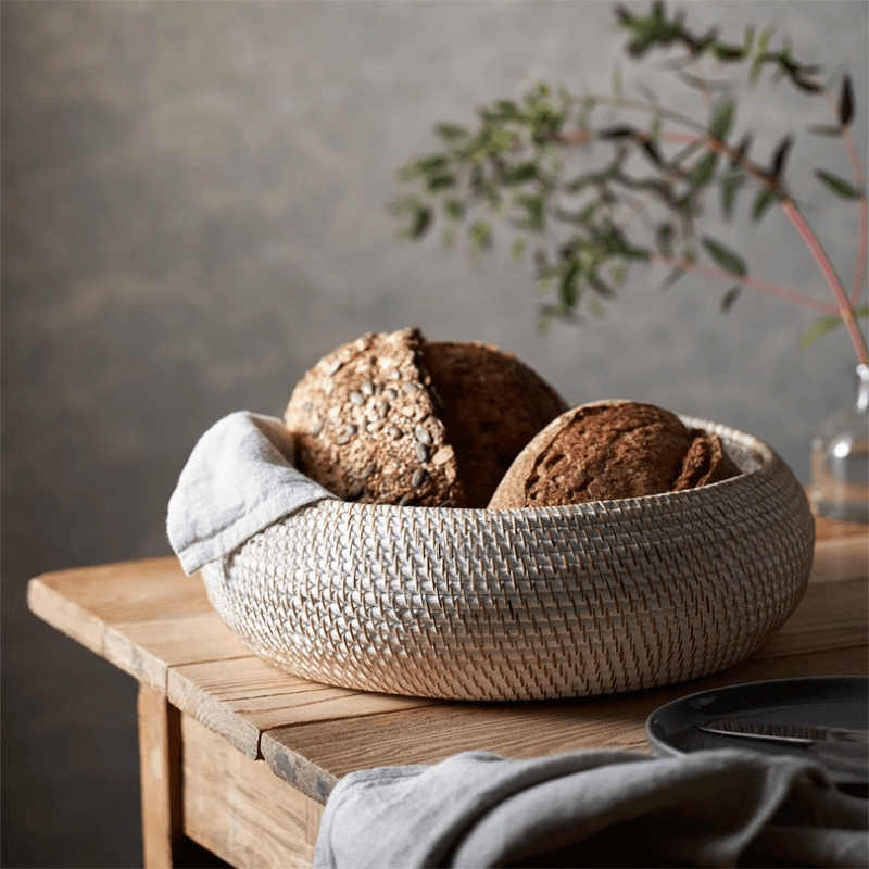 Whitewashed Rattan Round Bowl, H15 x W34cm, White