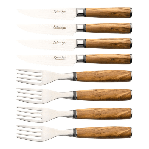 Image showing the Katana Saya Olive Wood 8 Pce Steak Knife & Fork Set product.