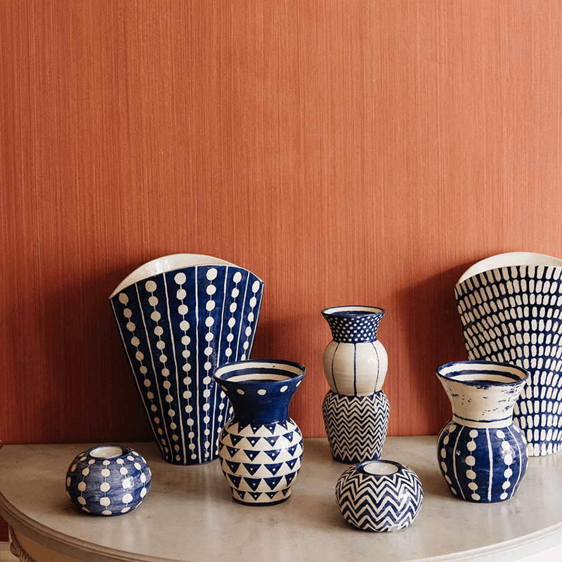 Dot Stripe Fan Vase, H25cm, Indigo