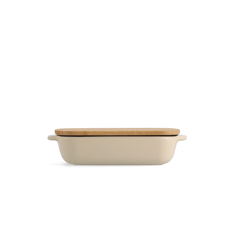 Stoneware Dish with Bamboo Lid, 20cm, Almond Cream