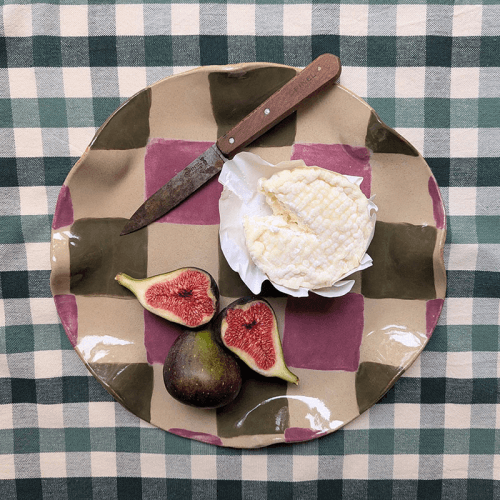 Image showing the Rosie Gore Wavy Check Platter, D28cm, Smokey Olive & Burgundy product.
