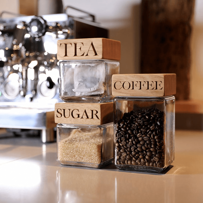 Tea, Coffee, Sugar Storage Jar Set of 3, Oak & Glass