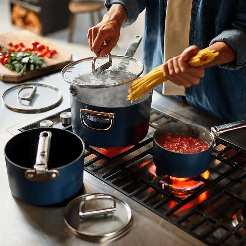 Space Folding Ceramic Non-Stick 3 Piece Saucepan Set, Midnight Blue