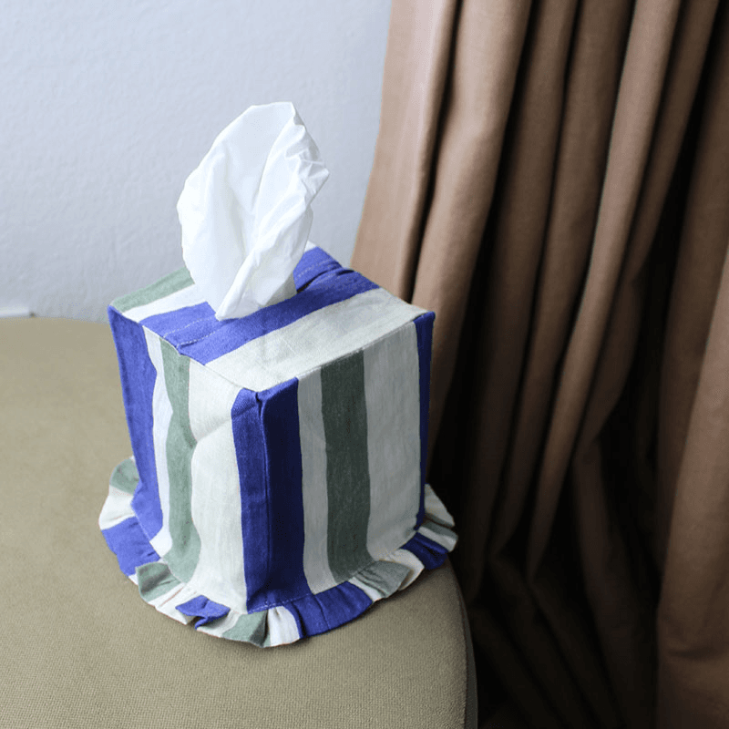 Stripe Tissue Box Cover, L12 x W12 x H13.5cm, Cobalt & Sea Green