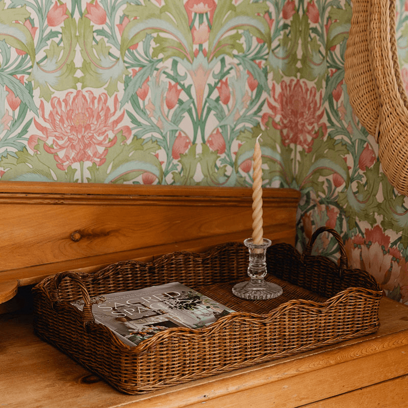 Rattan Scalloped Tray, Teak