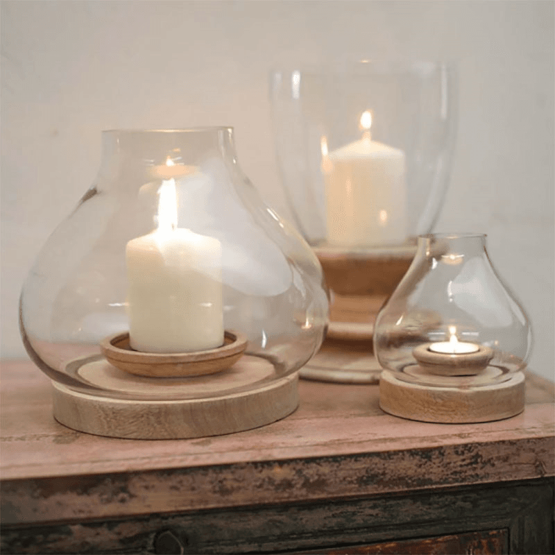 Naryla Lantern, H25cm, Mango Wood & Glass