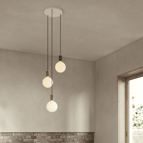 Image showing the Canopy & Sphere Bulb Triple ceiling plate & pendant set, H400 x W25cm, White & Walnut product.