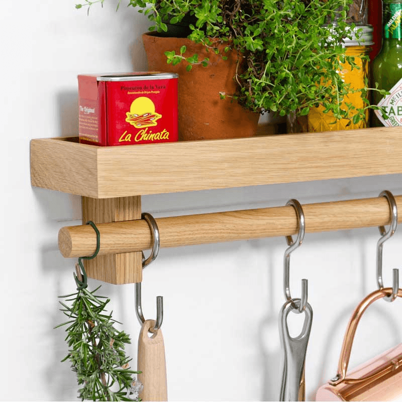 Cookhouse Utensils rail shelf, H10.5 x W61 x D10cm, Natural Oak