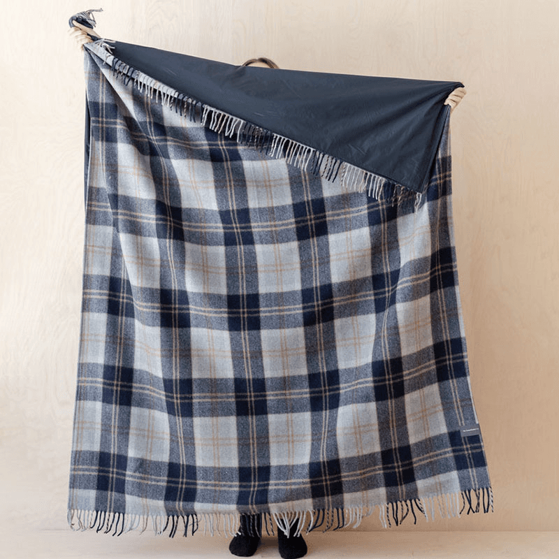 Recycled Wool Picnic Blanket with Brown Leather Carrier, 140 x 190cm, Bannockbane Silver Tartan