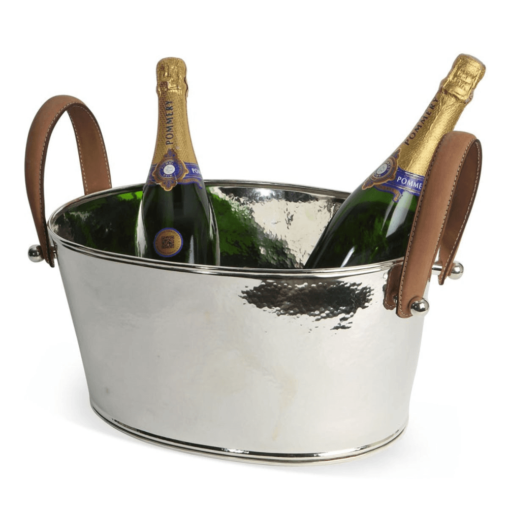 Leather Handled Champagne bath, H18 x W20 x D38cm, Hammered Nickel Plate