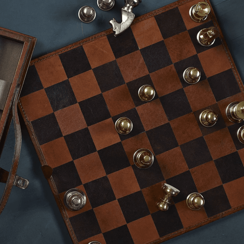 Chess set, L33 x W33 x H7cm, tan leather