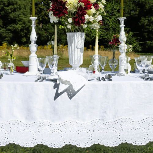 Image showing the Broderie Anglaise Linen Tablecloth, 165 x 300cm, White product.