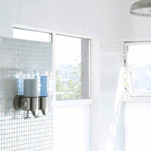 Image showing the Twin wall mount pumps, 444ml, Steel product.