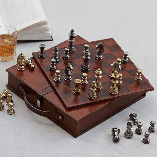 Image showing the Chess set, L33 x W33 x H7cm, tan leather product.