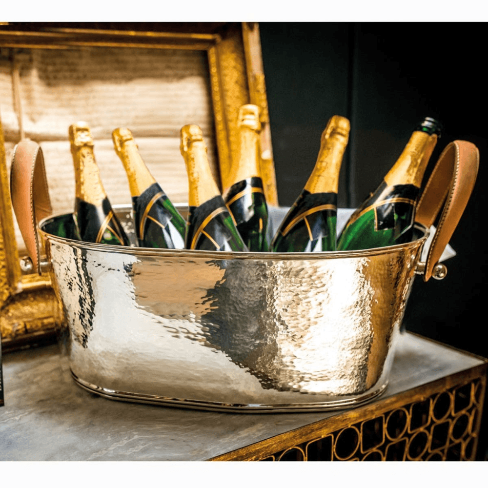 Hammered Champagne bath with leather handle, 21 x 53 x 35cm, Nickel Plate And Leather