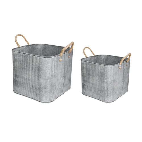 Image showing the Galvanised Set of 2 Rope Handle Square Planters, Grey product.