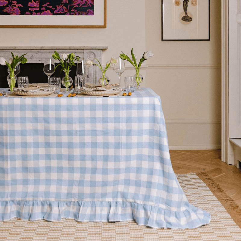 Gingham Tablecloth, 150 x 300cm, Light Blue & White