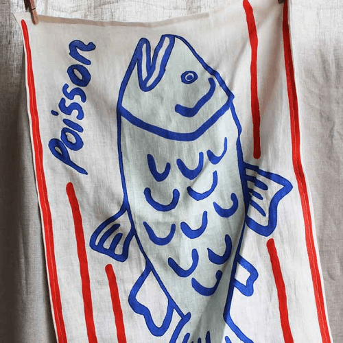 Image showing the Poisson Embroidered Tea Towel, 50 x 70cm, Blue/White product.