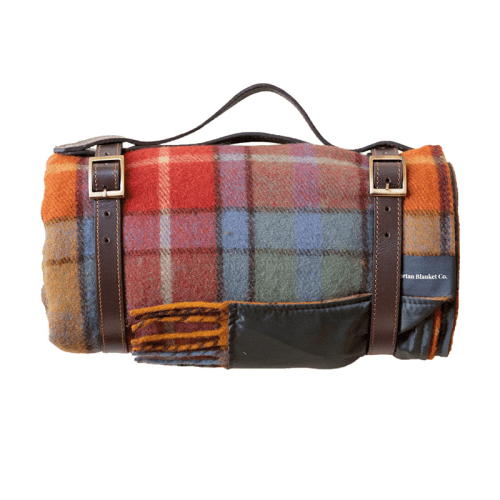 Image showing the Recycled Wool Picnic Blanket with Brown Leather Carrier, 140 x 190cm, Buchanan Antique Tartan product.
