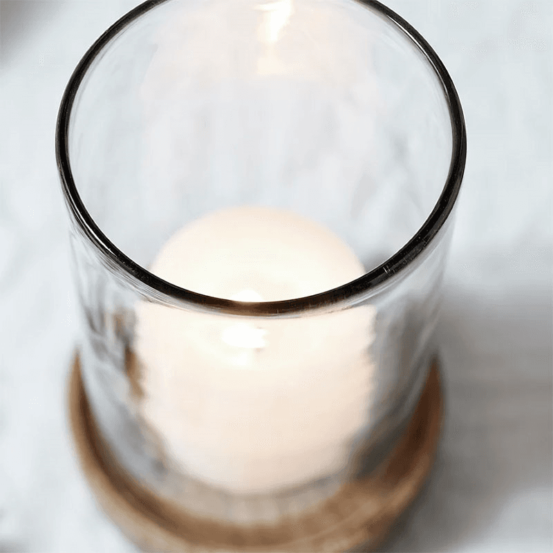 Mango Wood Hurricane Candle Holder, H19.5cm, Clear