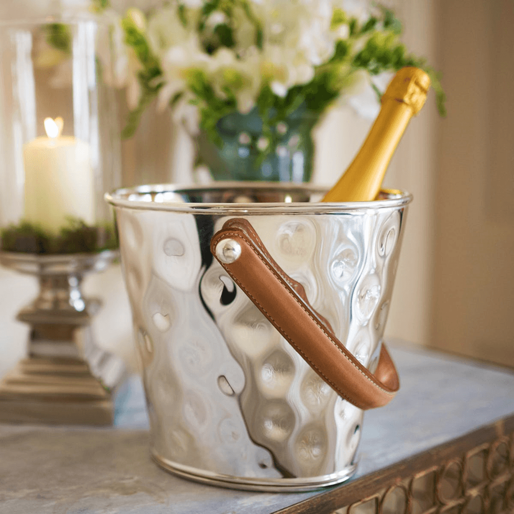 Leather Handled Wine cooler, H24 x D26cm, Silver Plate