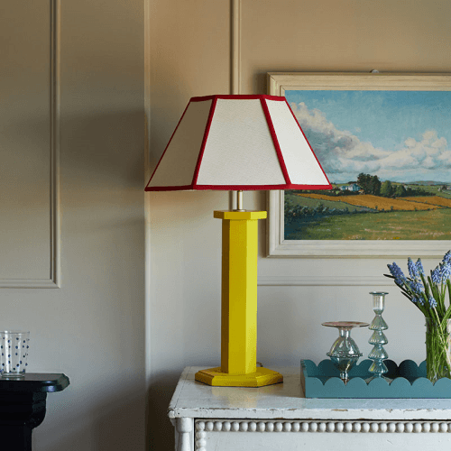 Image showing the Hexagon Linen Lampshade, 14", Cream/ Red Trim product.