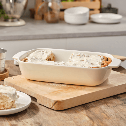 Image showing the Stoneware Dish with Bamboo Lid, 32cm, Almond Cream product.