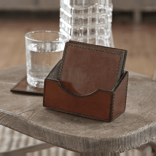 Image showing the Leather Set of 6 Square Coasters, Conker Brown product.