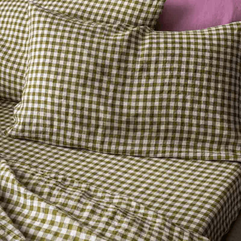 Gingham Fitted Sheet, King, Botanical Green
