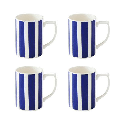 Image showing the Stecatto Set of 4 Mugs, 340ml, White and Blue Bold Stripe product.