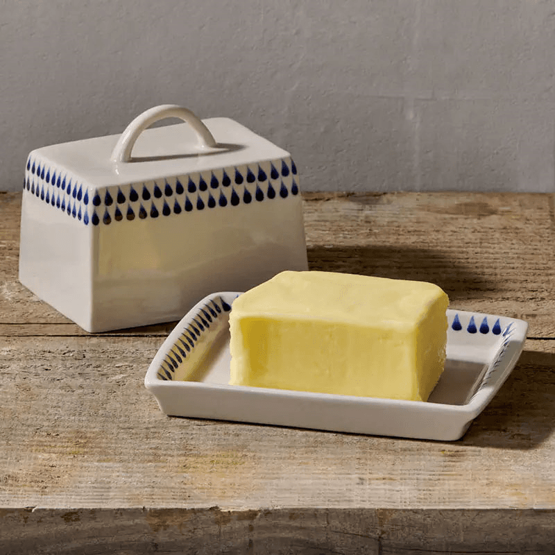 Indigo Drop Butter Dish, Cream & Blue