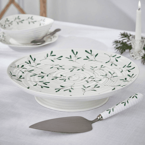 Image showing the Mistletoe Cake stand, Dia32 x H6cm, white/ green product.