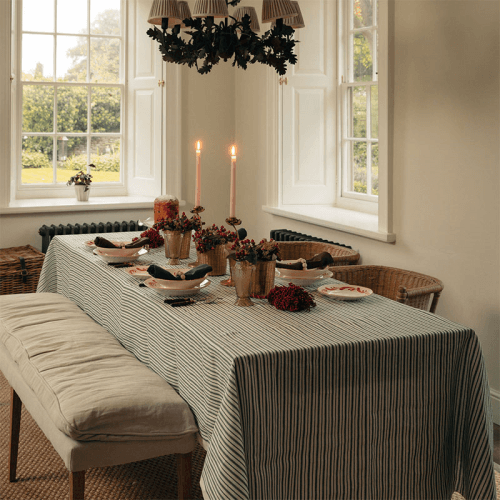 Image showing the Victoria Striped Linen Tablecloth, 180 x 330cm, Fir Green product.