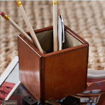 Pen Pot, Square, Tan Leather, 10cm