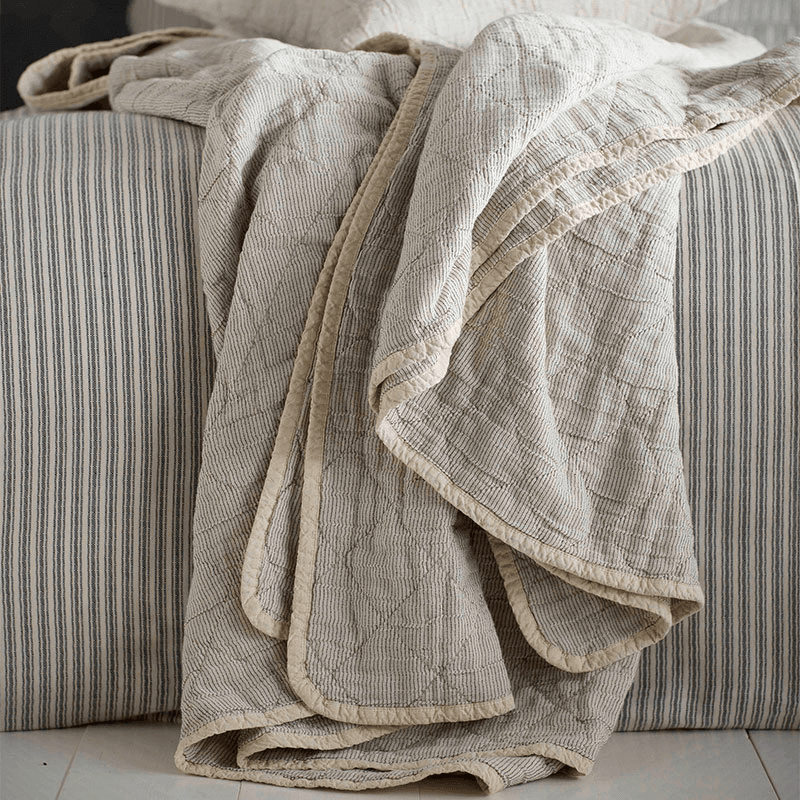 Stripe Cotton Quilted Throw, 230 x 260cm, Black and Natural