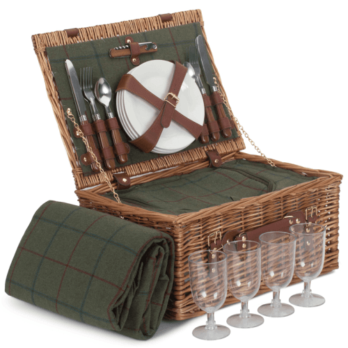 Image showing the Tweed 4 Person Classic Picnic Hamper, Green product.