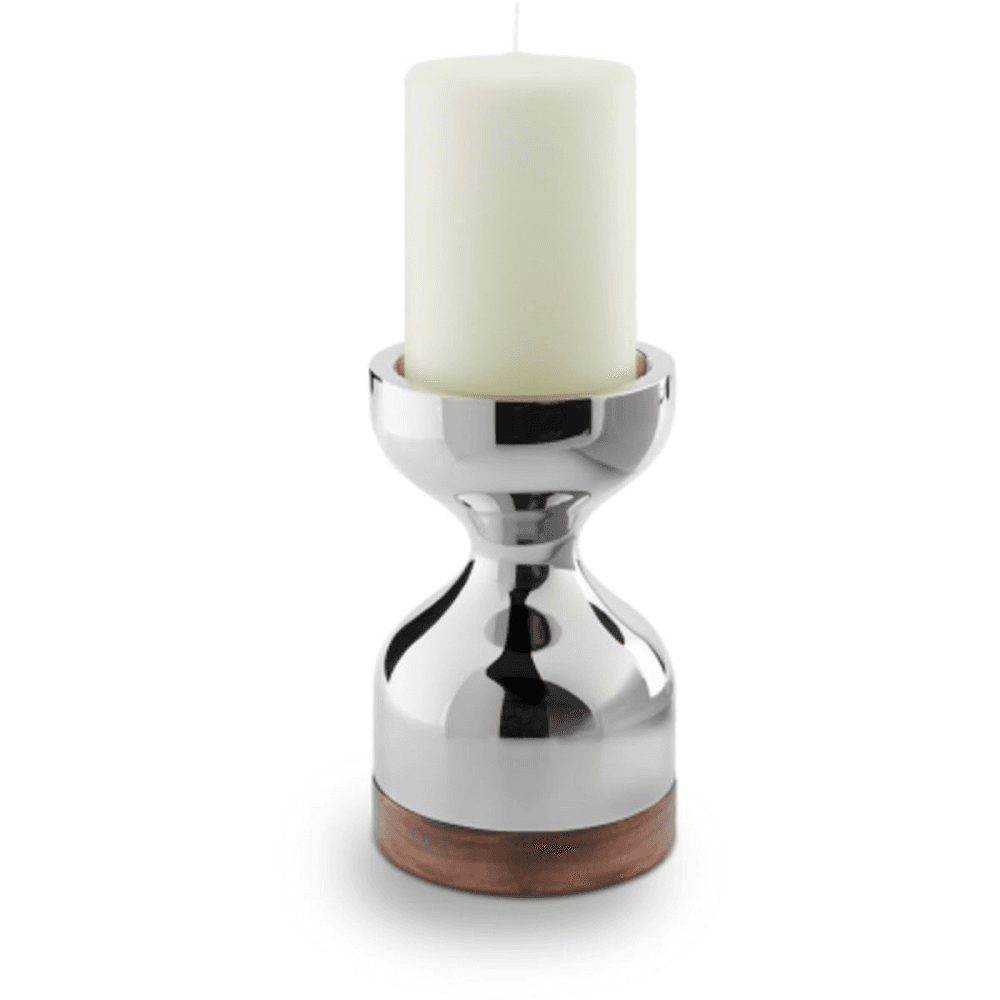 Limbrey Candlestick large, D13.4 x H21.4cm, Stainless Steel And Walnut Wood