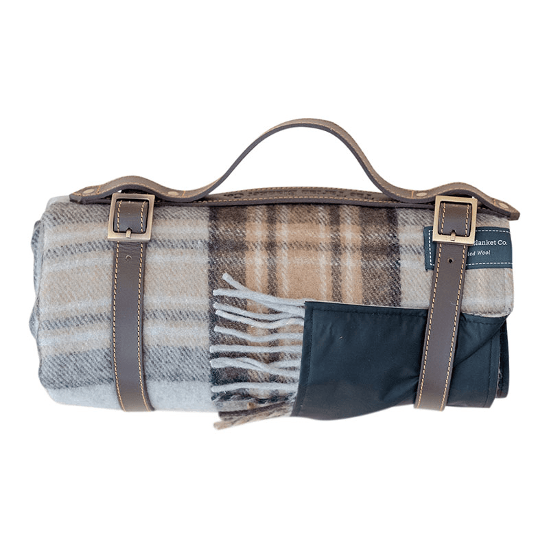 Recycled Wool Picnic Blanket with Brown Leather Carrier, 140 x 190cm, Mackellar Tartan