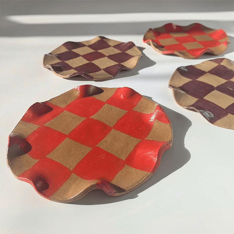 Rosie Gore Set of 4 Wavy Check Side Plates, D18cm, Red & Burgundy