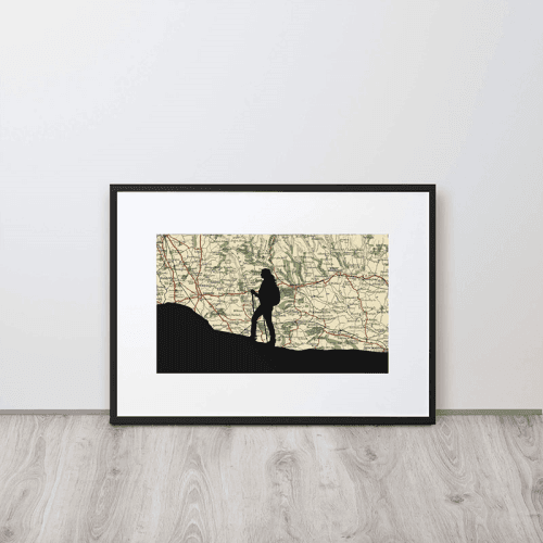 Image showing the Personalised Map Print with Walking Silhouette Voucher, 40 x 30cm, Black Frame product.