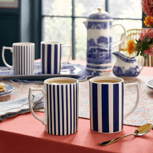 Image showing the Stecatto Set of 4 Mugs, 340ml, White and Blue Narrow Stripe product.