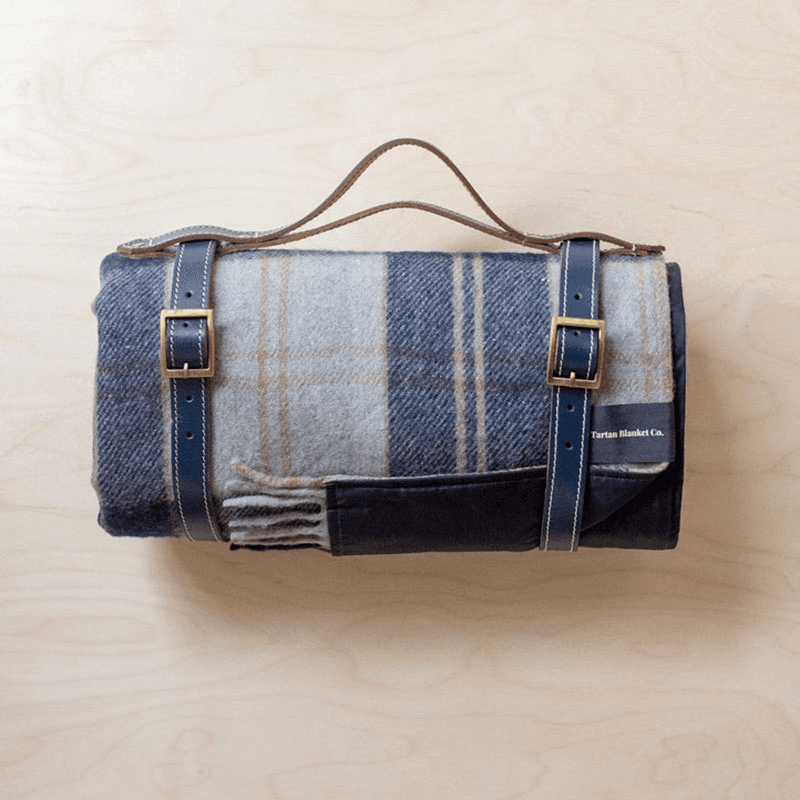 Recycled Wool Picnic Blanket with Brown Leather Carrier, 140 x 190cm, Bannockbane Silver Tartan