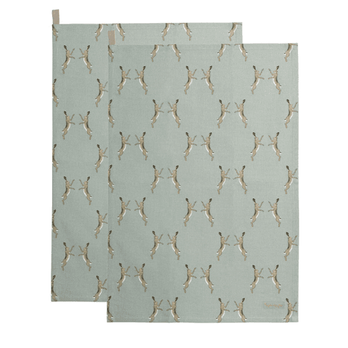 Image showing the Boxing Hares Set of 2 Tea Towels, Duck Egg Grey product.